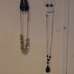Silver-tone Multi-Chain Necklace with Blue Pendant